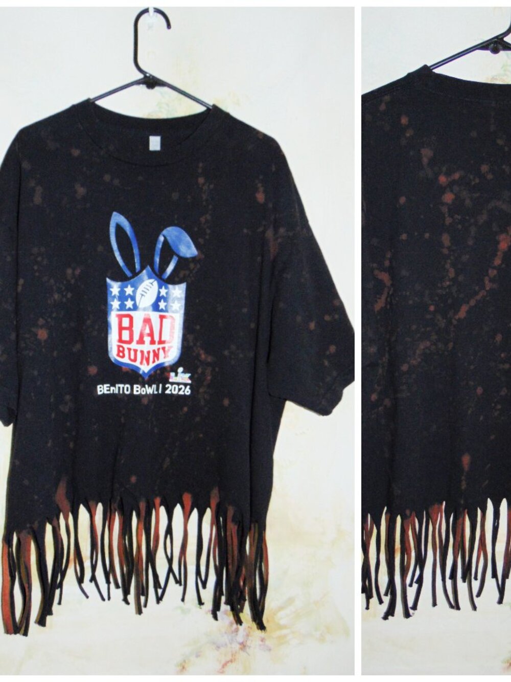 Bad Bunny Bowl Super Bowl LX 2026 T-Shirt 2XL Tie Dye Fringe Hem Top Black Tee